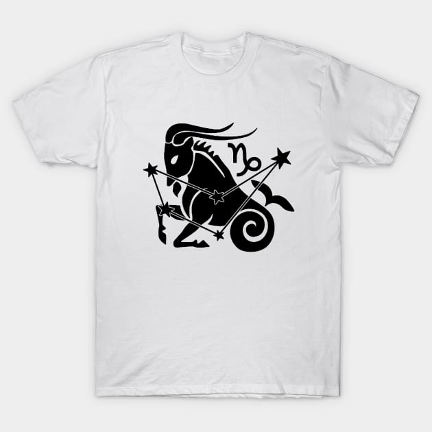 Capricorn - Zodiac Astrology Symbol with Constellation and Sea Goat Design (Black on White, Symbol Only Variant) T-Shirt by Occult Designs